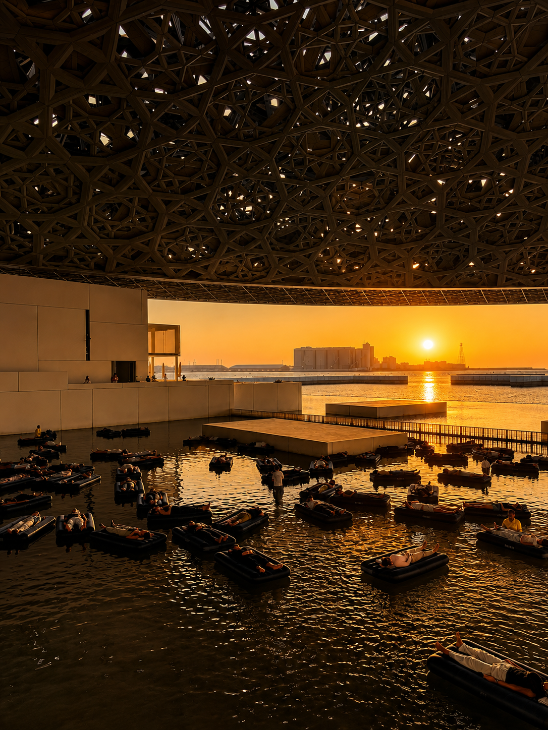 A scenic photograph of a golden sunset over water, viewed from inside a large modern structure with a complex geometric lattice ceiling. Silhouetted boats float on the water in the foreground, and a distant city skyline is visible against the bright orange sky.